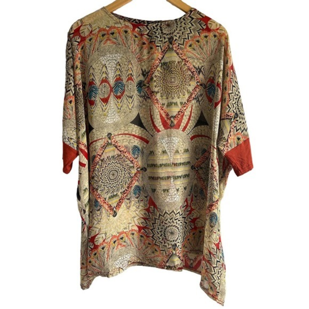 R.S Size Medium Boho Peacock Feather Kimono Style Top Handkerchief Side Hem